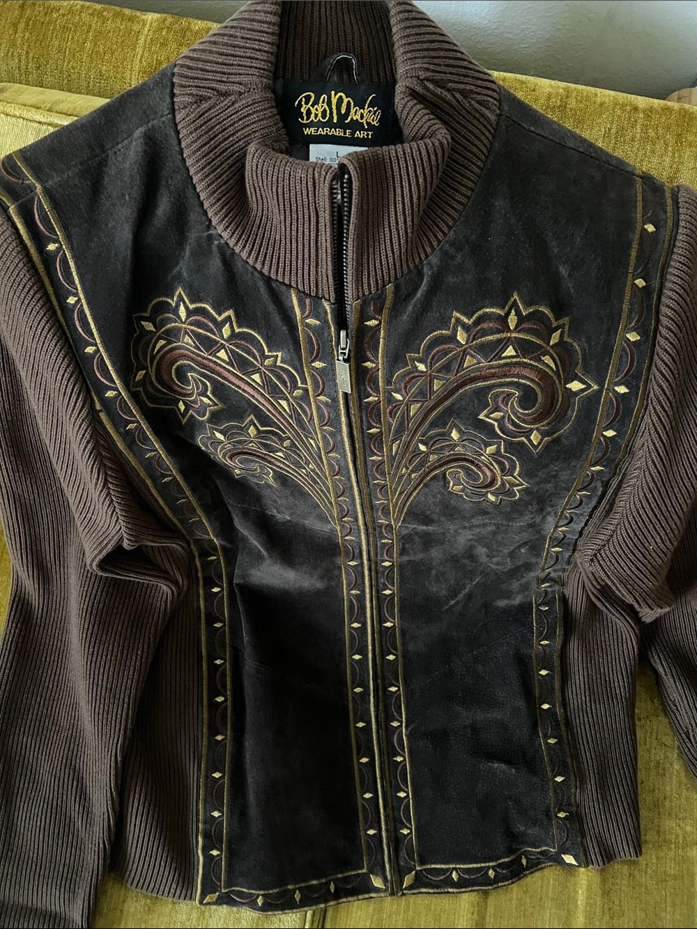 Bob Mackie Brown Suede Bomber Jacket with Brown Knit Sleeves and Gold Embroidery